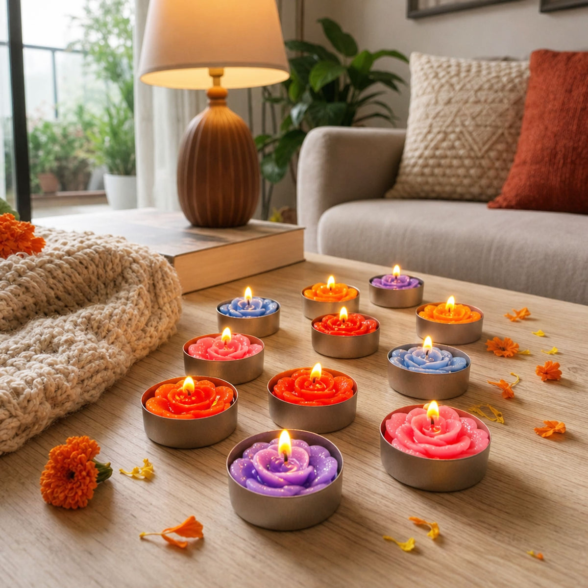 A collection of colorful rose shaped handmade tealight candles in metallic holders glowing with small flames