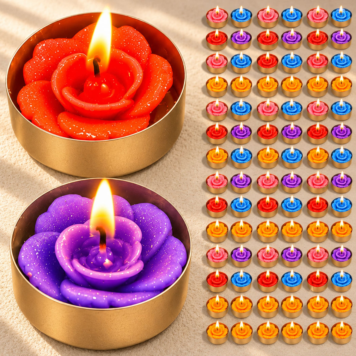 Shimmering rose shaped handmade tealight candles in vibrant red and purple hues with golden metal holders for decor