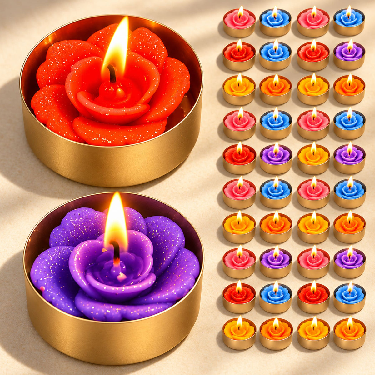 Red and purple glitter rose shaped handmade tealight candles in gold holders with 3 hour extended burn time