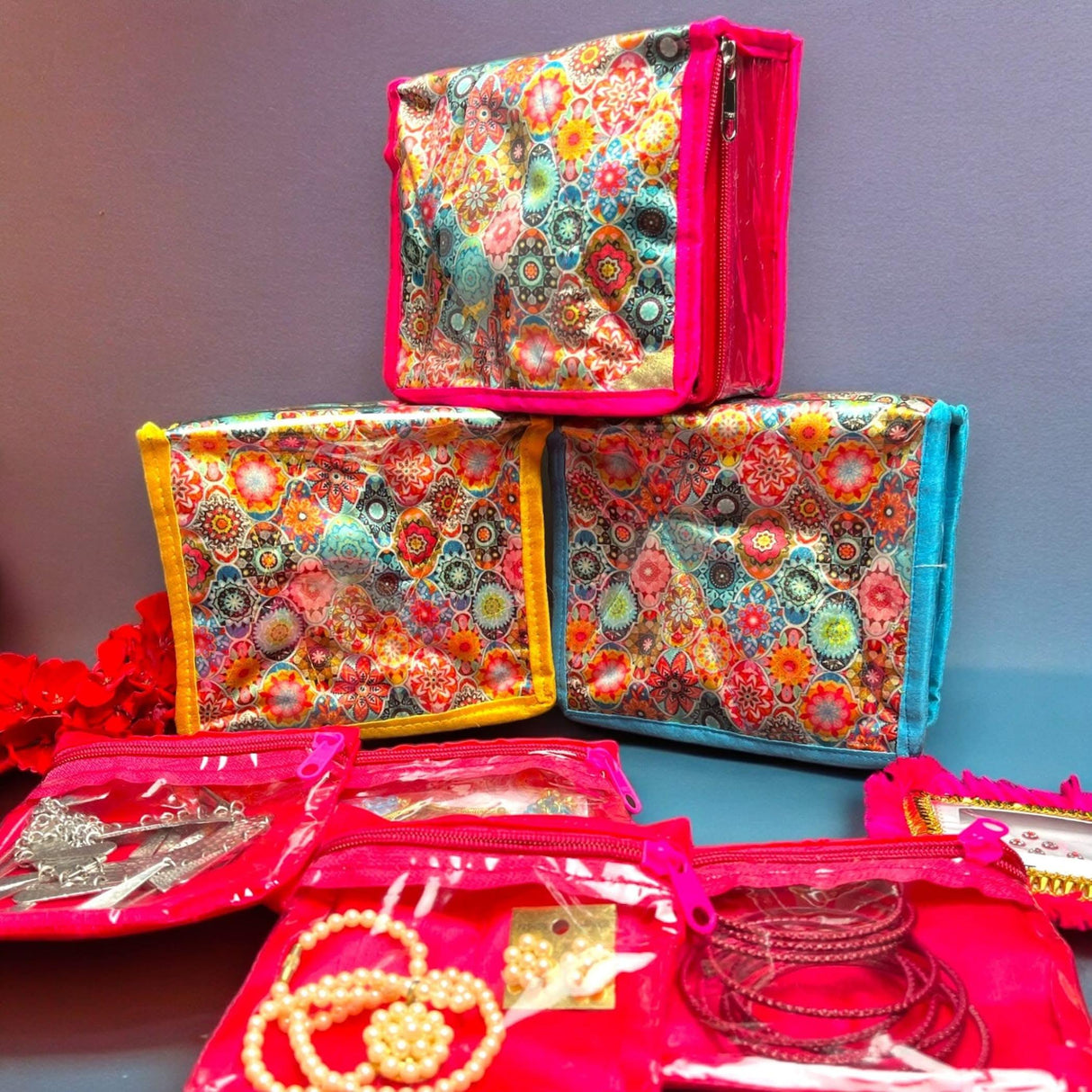 Flower Print Indian Jewelry Box Satin Pouches Jewellery Traveling Organizer Storage Bag with 4 Transparent Pouches Indian Wedding Favor Bridesmaid Gift - LoveNspire