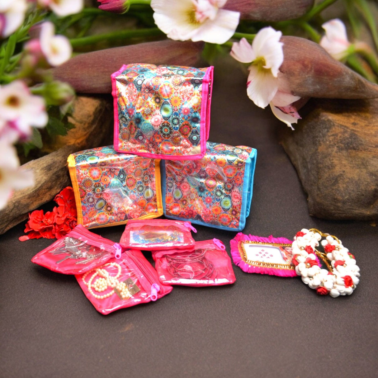 Flower Print Indian Jewelry Box Satin Pouches Jewellery Traveling Organizer Storage Bag with 4 Transparent Pouches Indian Wedding Favor Bridesmaid Gift - LoveNspire
