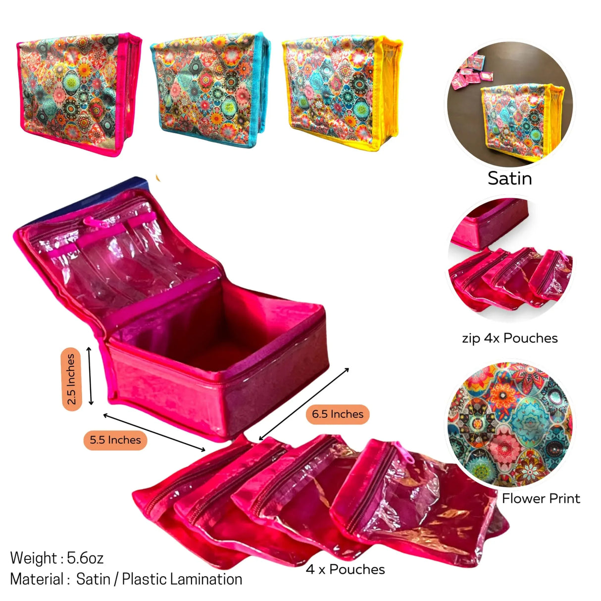Flower Print Indian Jewelry Box Satin Pouches Jewellery Traveling Organizer Storage Bag with 4 Transparent Pouches Indian Wedding Favor Bridesmaid Gift - LoveNspire