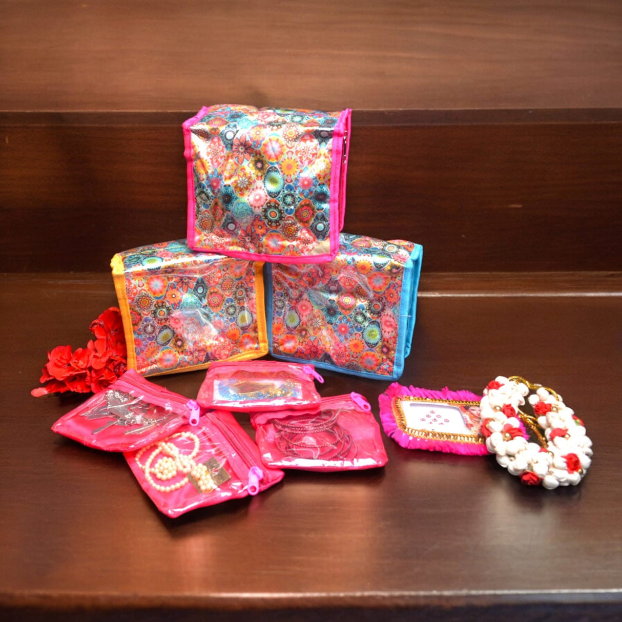 Flower Print Indian Jewelry Box Satin Pouches Jewellery Traveling Organizer Storage Bag with 4 Transparent Pouches Indian Wedding Favor Bridesmaid Gift - LoveNspire