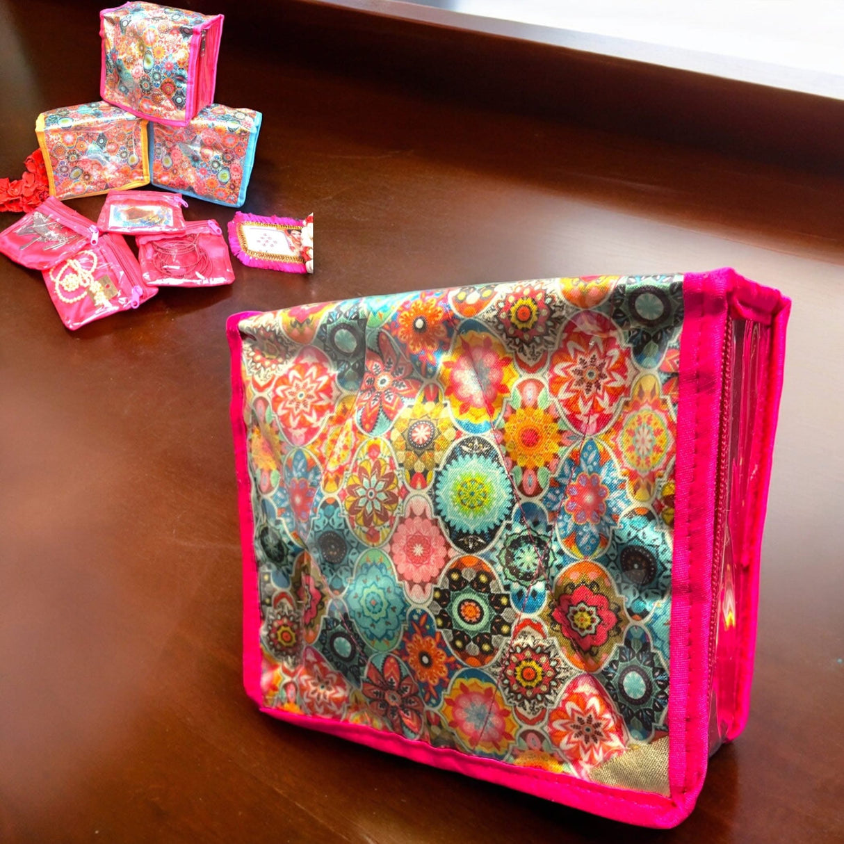 Flower Print Indian Jewelry Box Satin Pouches Jewellery Traveling Organizer Storage Bag with 4 Transparent Pouches Indian Wedding Favor Bridesmaid Gift - LoveNspire