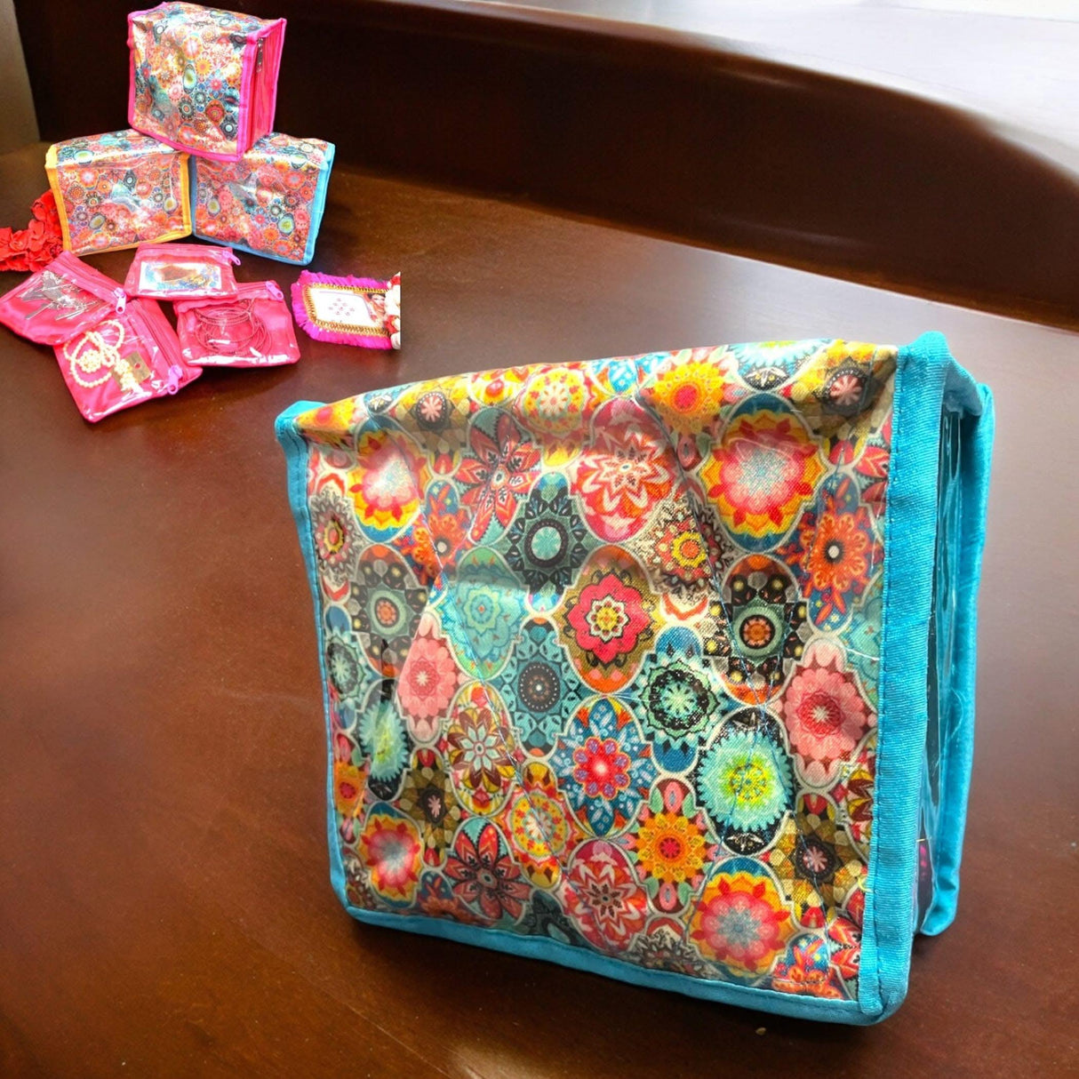 Flower Print Indian Jewelry Box Satin Pouches Jewellery Traveling Organizer Storage Bag with 4 Transparent Pouches Indian Wedding Favor Bridesmaid Gift - LoveNspire