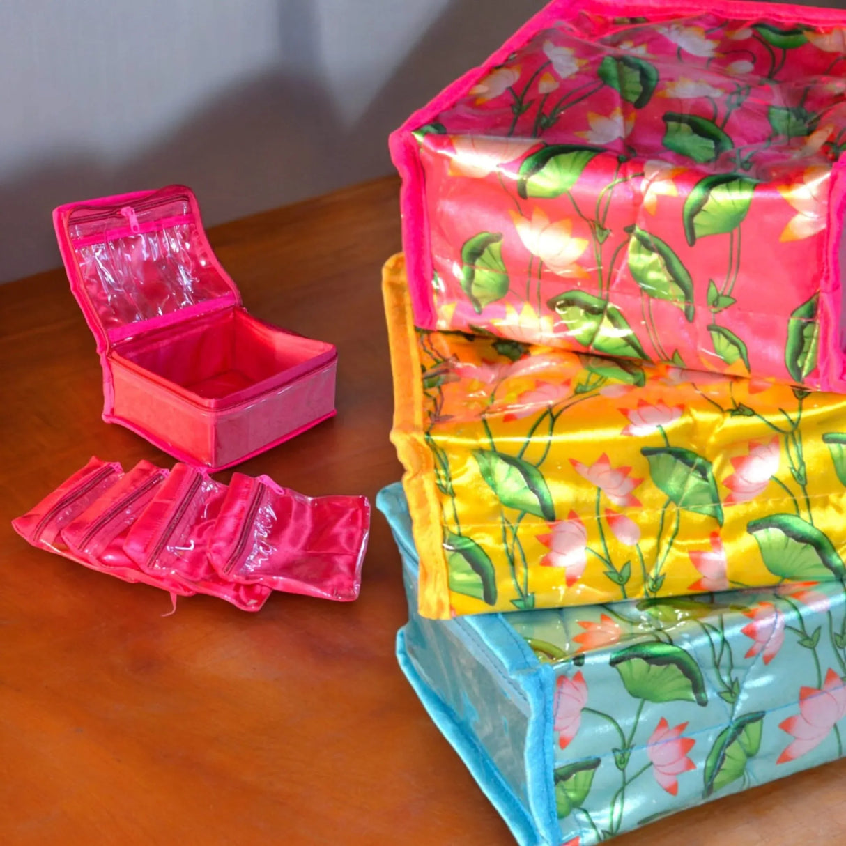 Lotus Print Indian Jewelry Box Satin Pouches Jewellery Traveling Organizer Storage Bag with 4 Transparent Pouches Indian Wedding Favor Bridesmaid Gift - LoveNspire