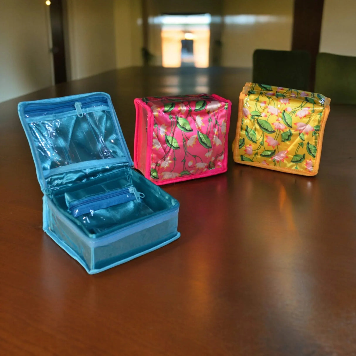 Lotus Print Indian Jewelry Box Satin Pouches Jewellery Traveling Organizer Storage Bag with 4 Transparent Pouches Indian Wedding Favor Bridesmaid Gift - LoveNspire