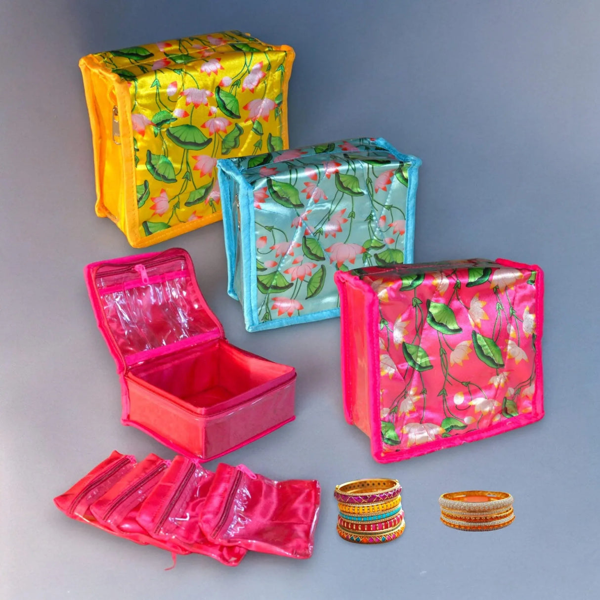 Lotus Print Indian Jewelry Box Satin Pouches Jewellery Traveling Organizer Storage Bag with 4 Transparent Pouches Indian Wedding Favor Bridesmaid Gift - LoveNspire