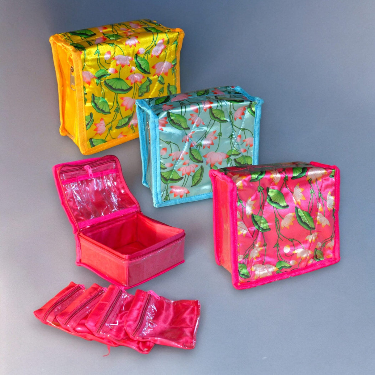 Lotus Print Indian Jewelry Box Satin Pouches Jewellery Traveling Organizer Storage Bag with 4 Transparent Pouches Indian Wedding Favor Bridesmaid Gift - LoveNspire