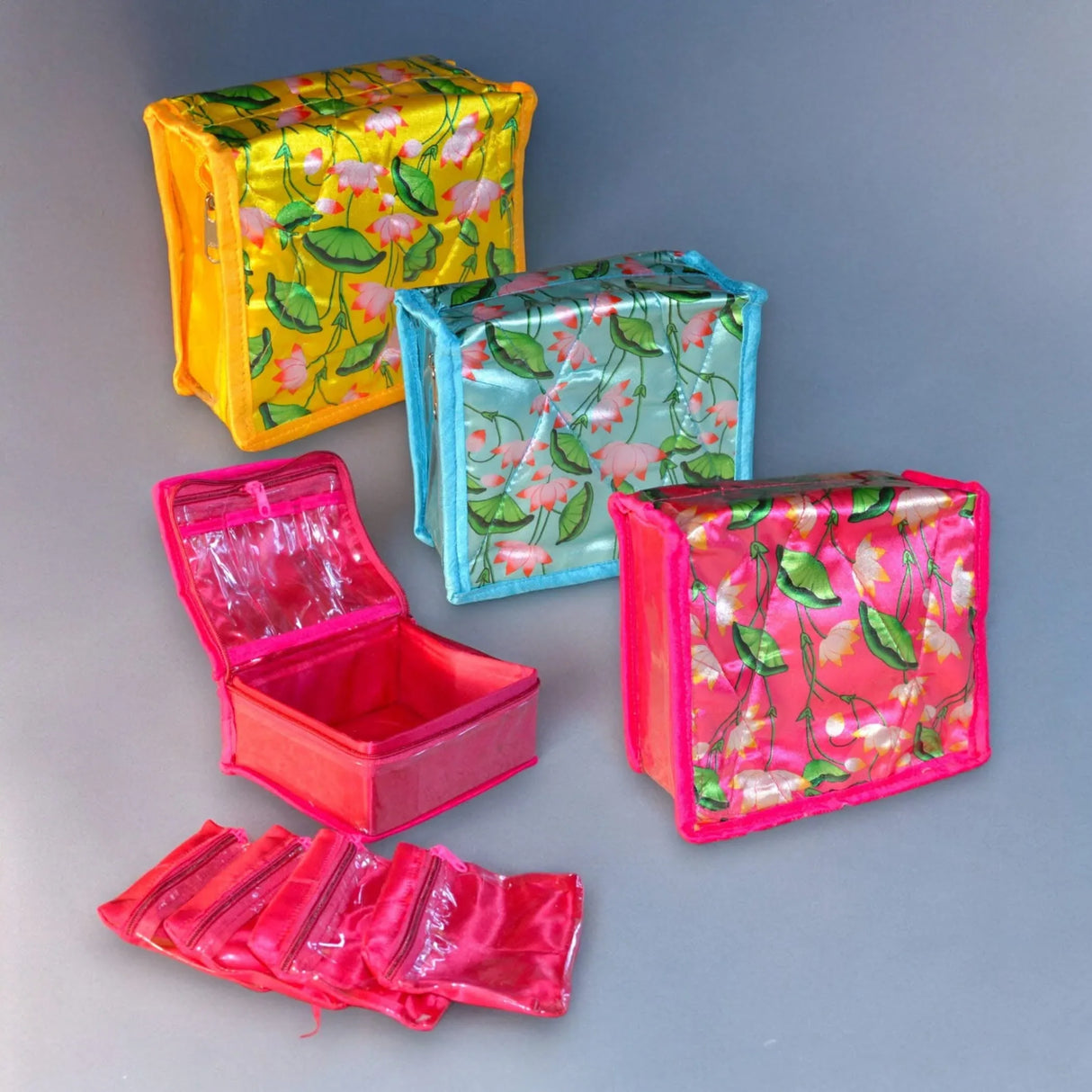 Lotus Print Indian Jewelry Box Satin Pouches Jewellery Traveling Organizer Storage Bag with 4 Transparent Pouches Indian Wedding Favor Bridesmaid Gift - LoveNspire