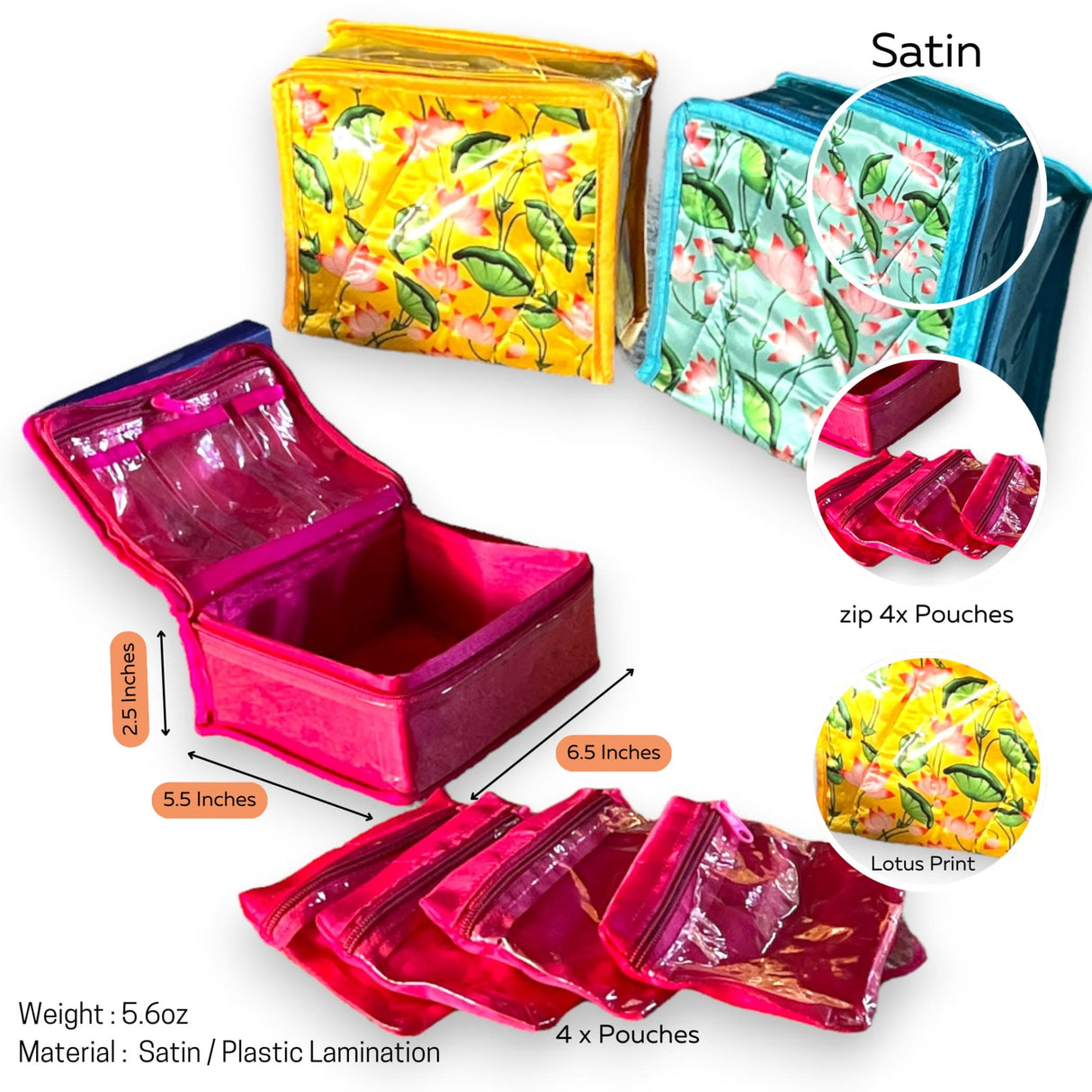 Lotus Print Indian Jewelry Box Satin Pouches Jewellery Traveling Organizer Storage Bag with 4 Transparent Pouches Indian Wedding Favor Bridesmaid Gift - LoveNspire