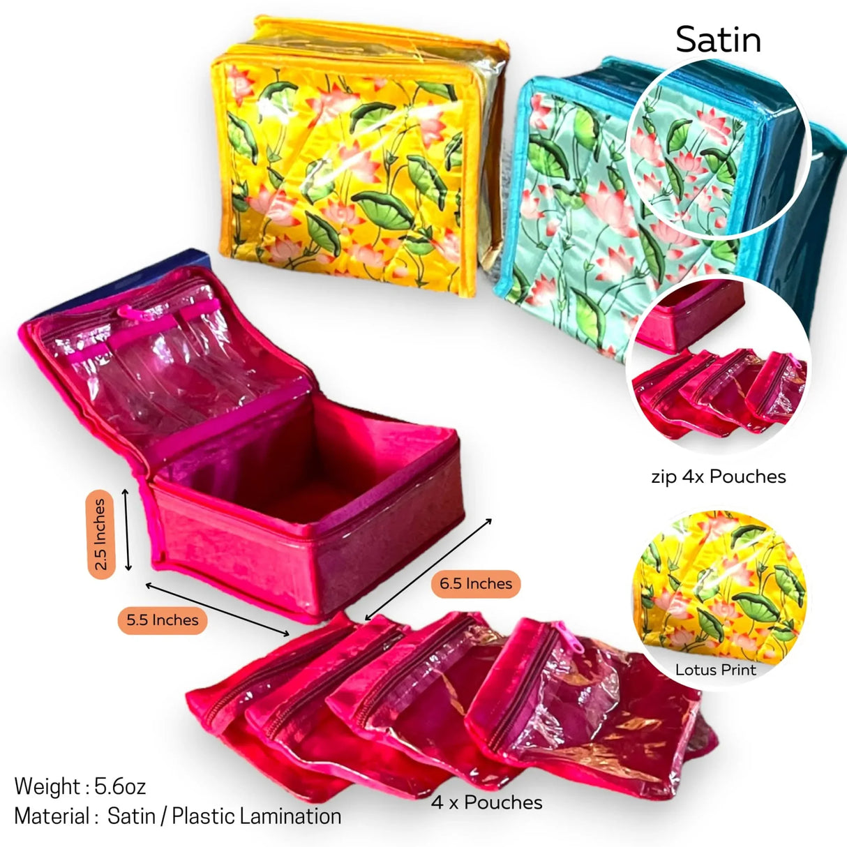 Lotus Print Indian Jewelry Box Satin Pouches Jewellery Traveling Organizer Storage Bag with 4 Transparent Pouches Indian Wedding Favor Bridesmaid Gift - LoveNspire