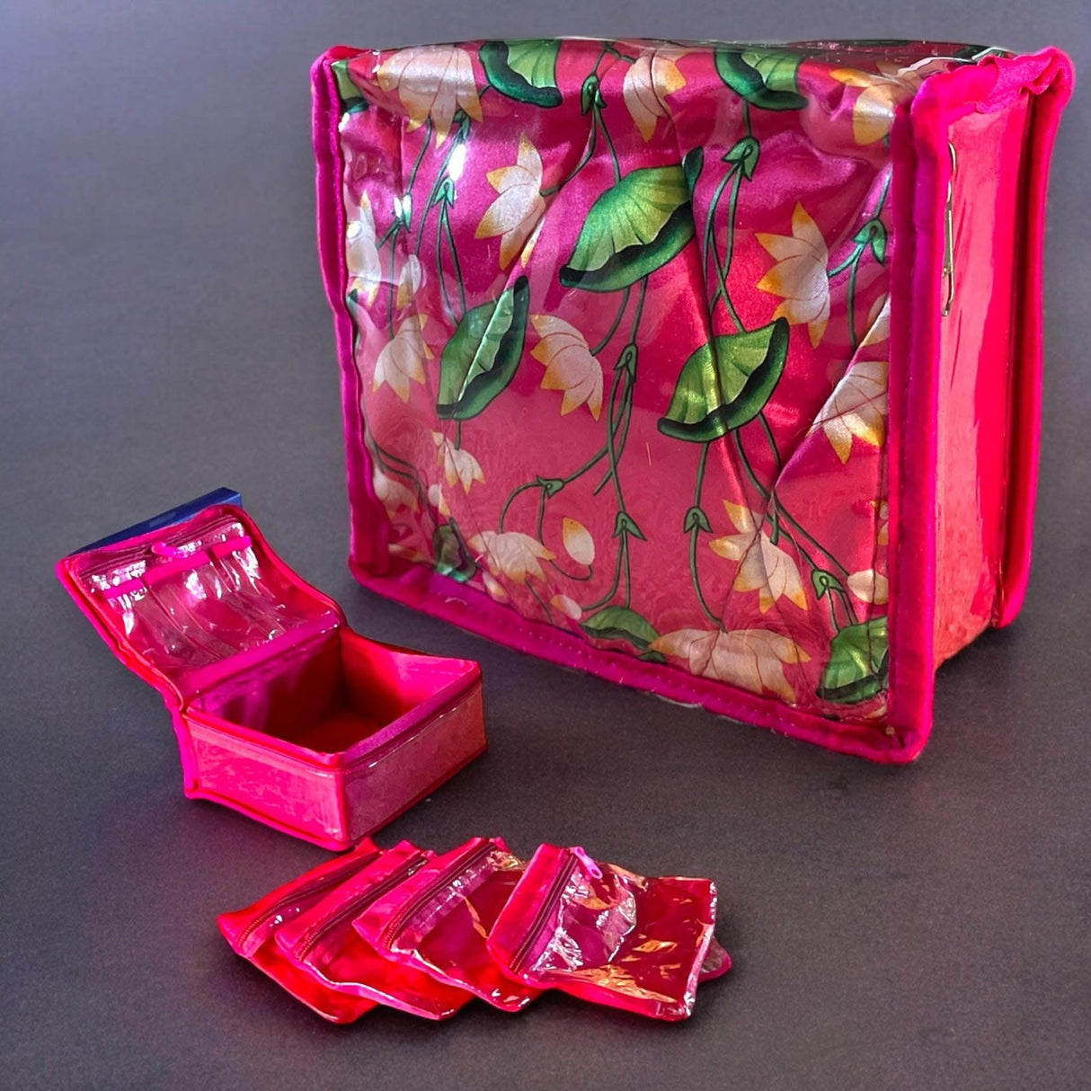 Lotus Print Indian Jewelry Box Satin Pouches Jewellery Traveling Organizer Storage Bag with 4 Transparent Pouches Indian Wedding Favor Bridesmaid Gift - LoveNspire