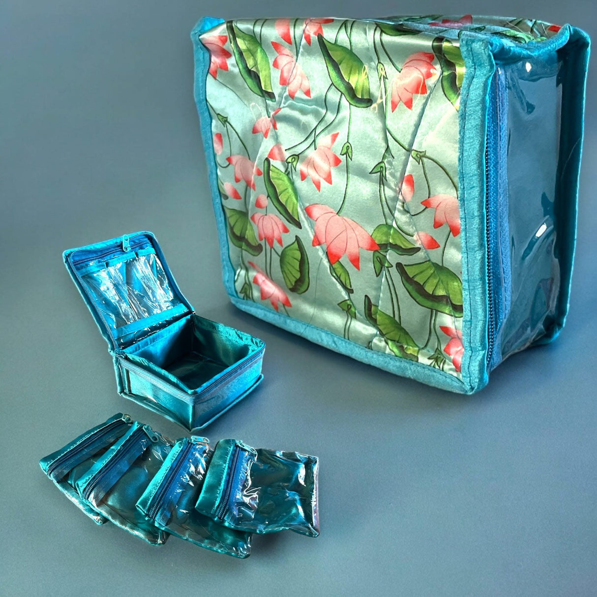 Lotus Print Indian Jewelry Box Satin Pouches Jewellery Traveling Organizer Storage Bag with 4 Transparent Pouches Indian Wedding Favor Bridesmaid Gift - LoveNspire