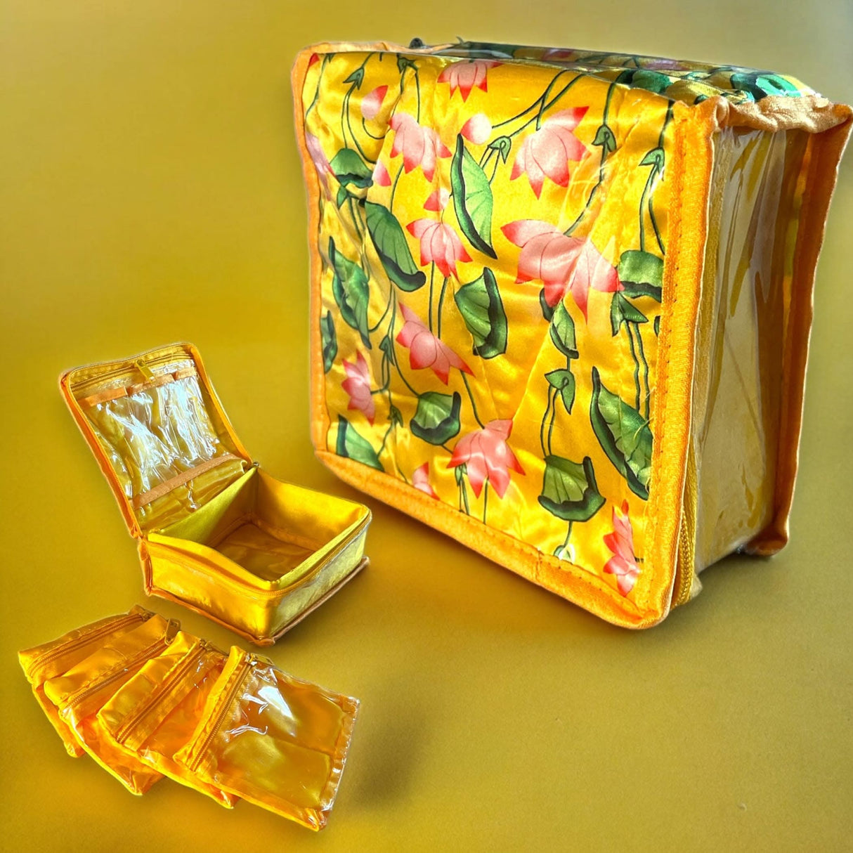 Lotus Print Indian Jewelry Box Satin Pouches Jewellery Traveling Organizer Storage Bag with 4 Transparent Pouches Indian Wedding Favor Bridesmaid Gift - LoveNspire
