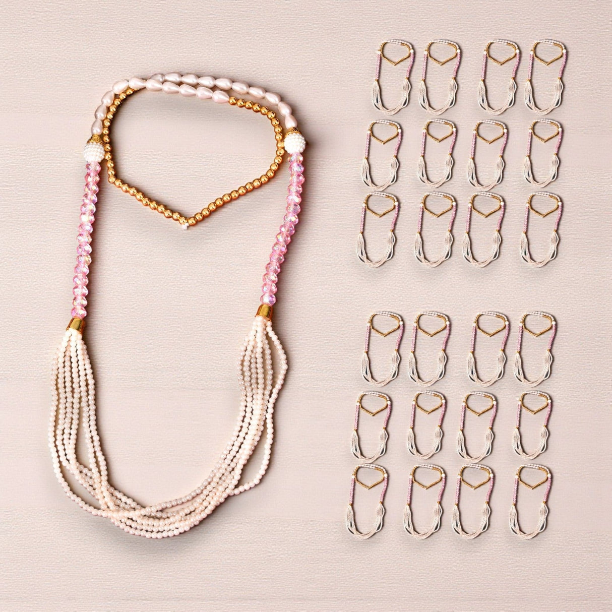 Handmade pearl and pink beaded Swagat Mala necklace with gold accents