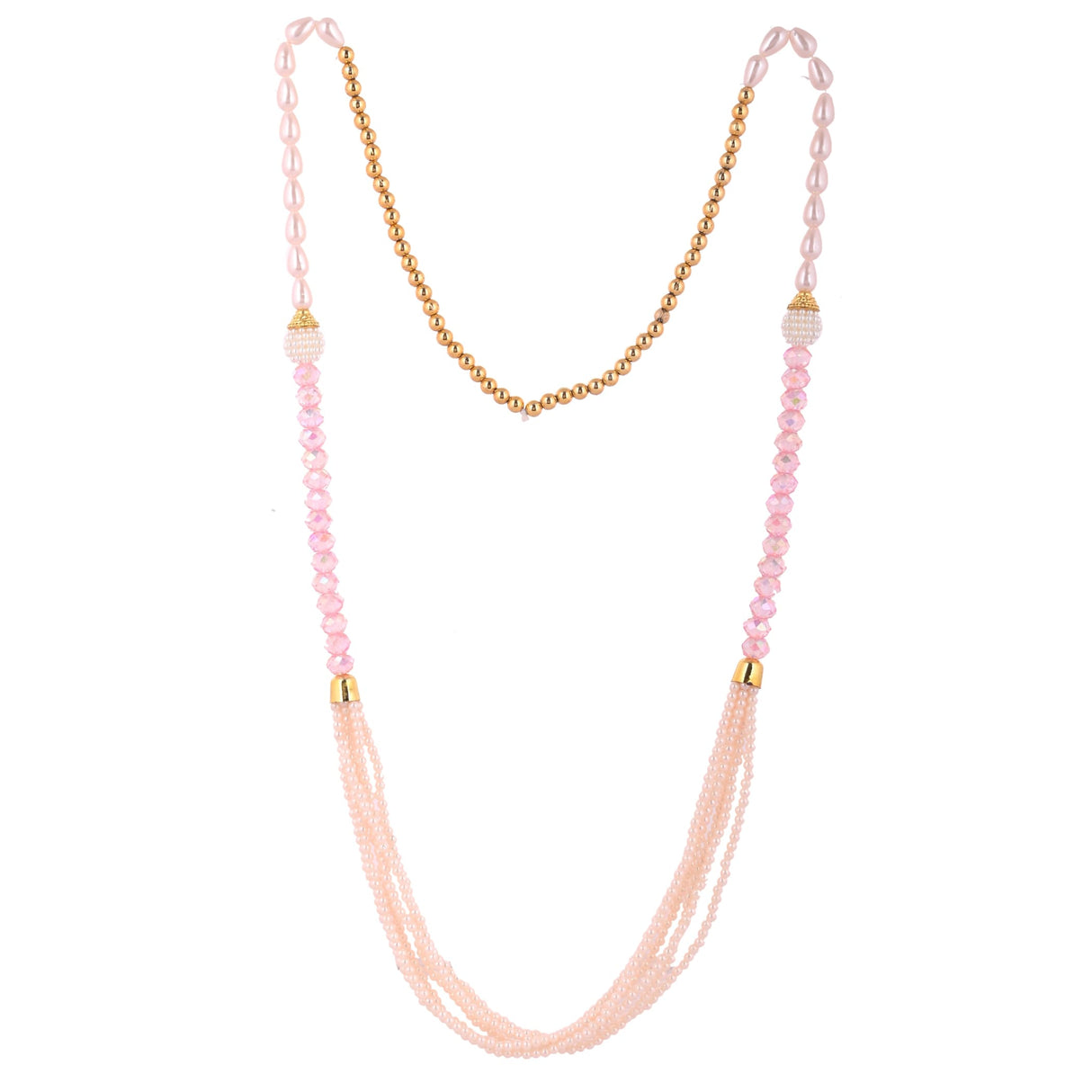 Handmade pink beaded moti pearl mala necklace with gold accents