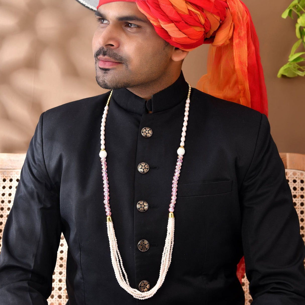 Handmade moti pearl milni garlands with black silk sherwani