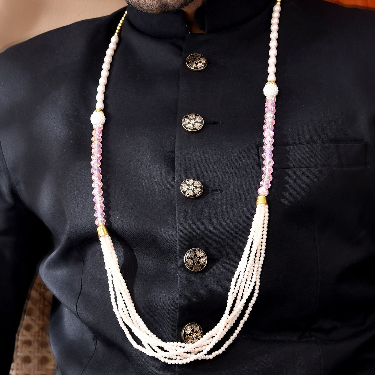 Handmade Swagat Mala Set: Multi-strand pearl necklace with pink accents and gold detailing