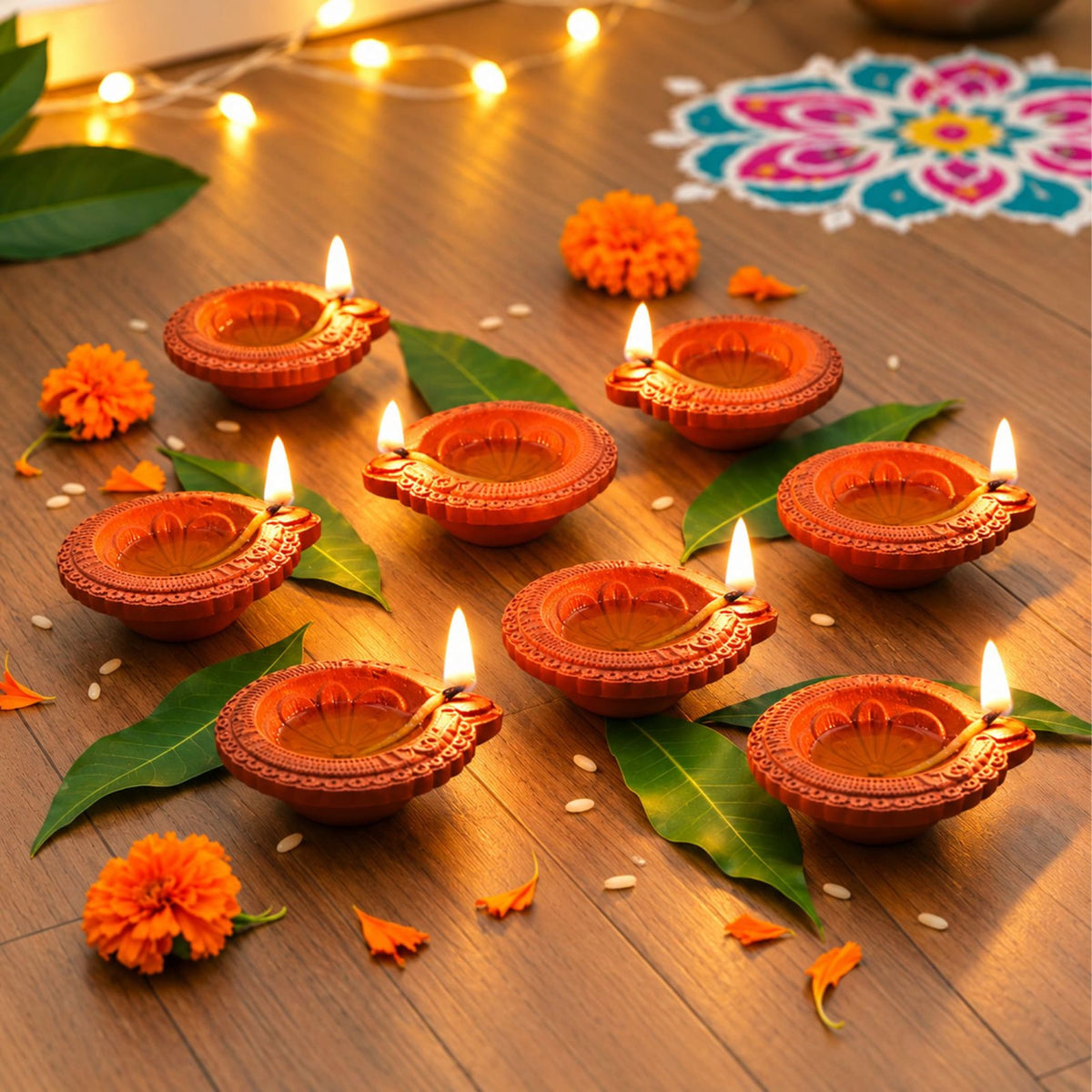 Handmade orange terracotta clay diya set with intricate embossed patterns and lit wicks for pooja and Diwali decoration