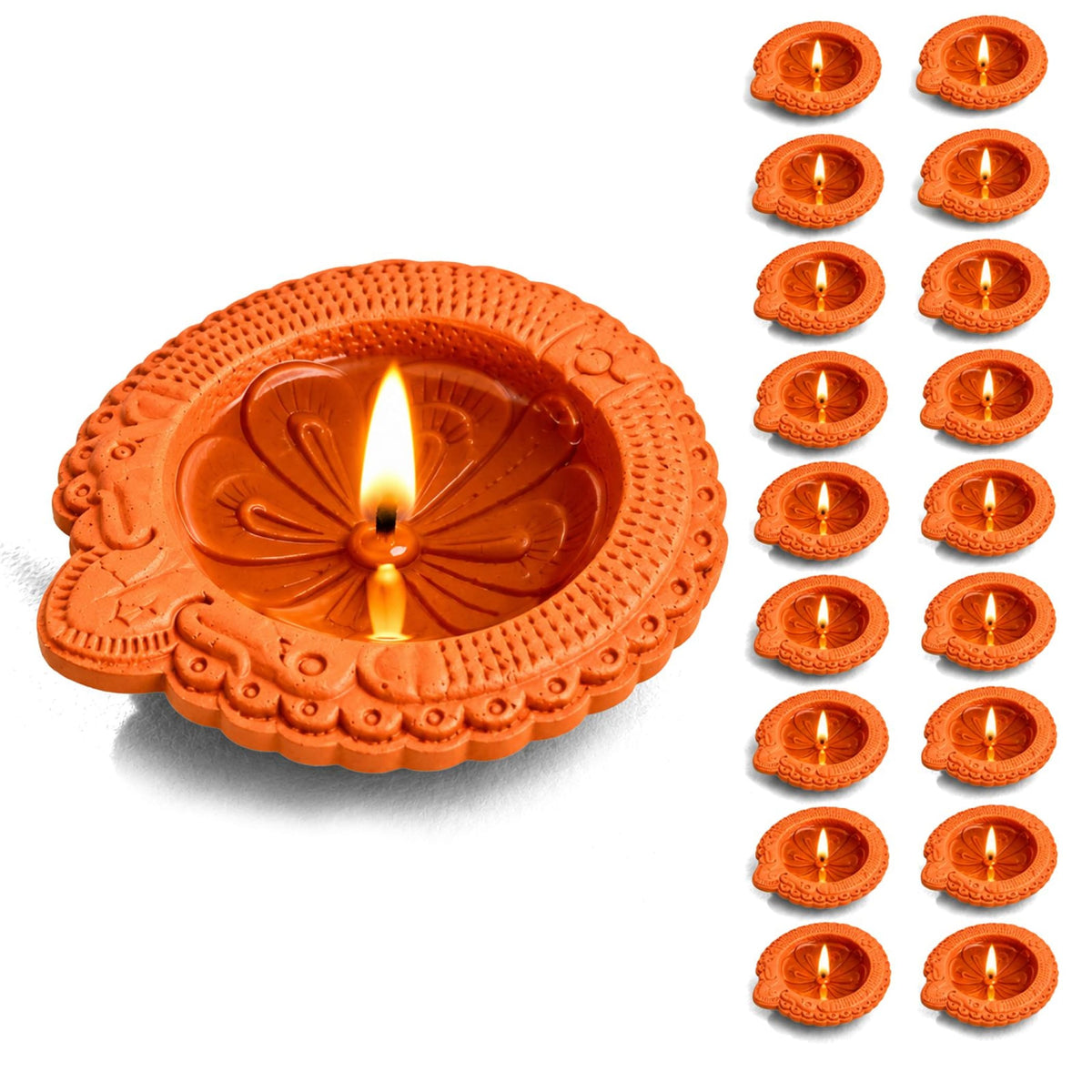 Handmade orange terracotta clay diya with intricate floral patterns for pooja and diwali decoration