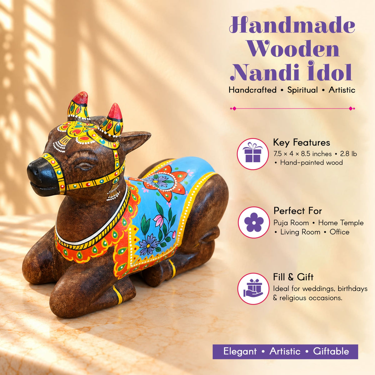 Handmade wooden Nandi cow idol with hand-painted blue orange floral cloth gold trimmings and red-tipped horns for pooja decor