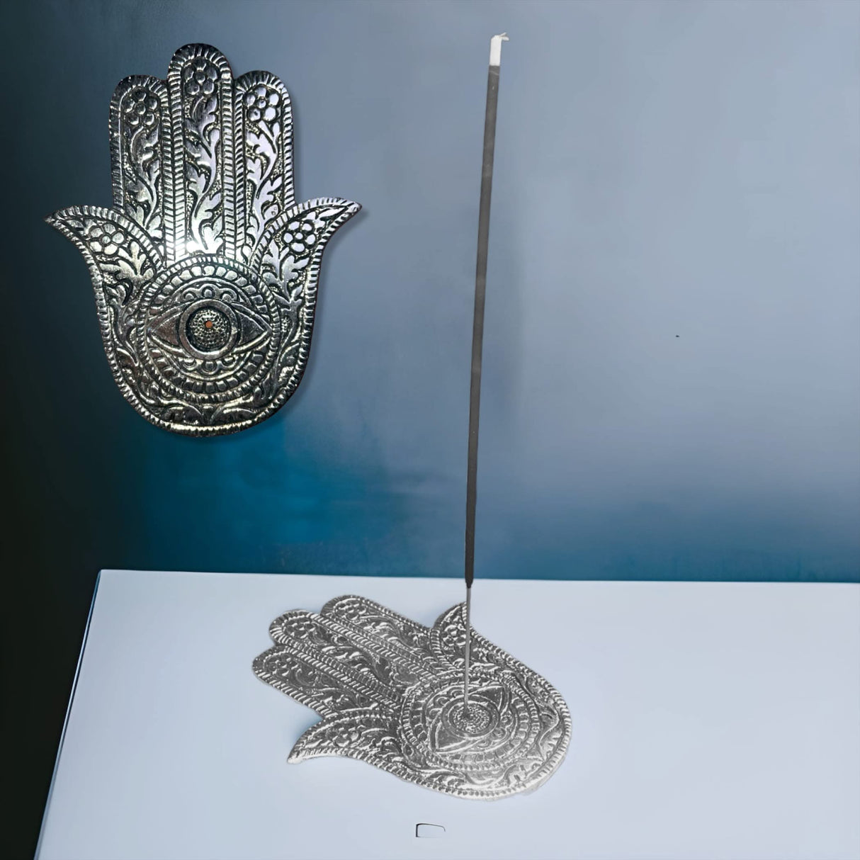 Handshaped Aluminium Silver Incense Stick Holder Agarbatti and Dhoop Ash Catcher Mess Free Incense Burner Tray for Temple Room Decoration Housewarming Gift - LoveNspire