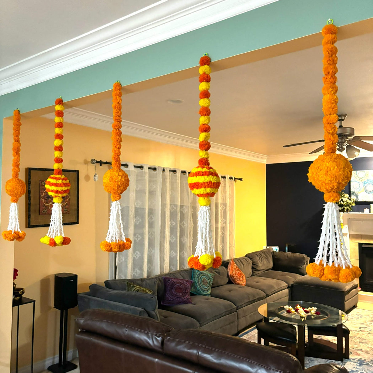 Marigold Garland Hanging Jhoomer Marigold Wall Hanging Indian Wedding Party Diwali Navratri Puja Decorations Day of the Dead Dia De Los Muertos Ofrenda Mexican Fiesta Halloween Decor - LoveNspire