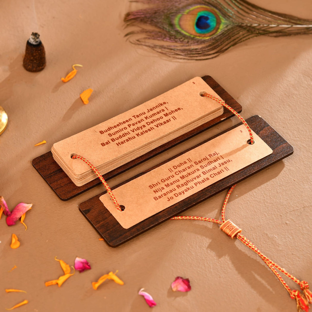Hanuman Chalisa book with carved wooden cover and gold-accented bookmark set