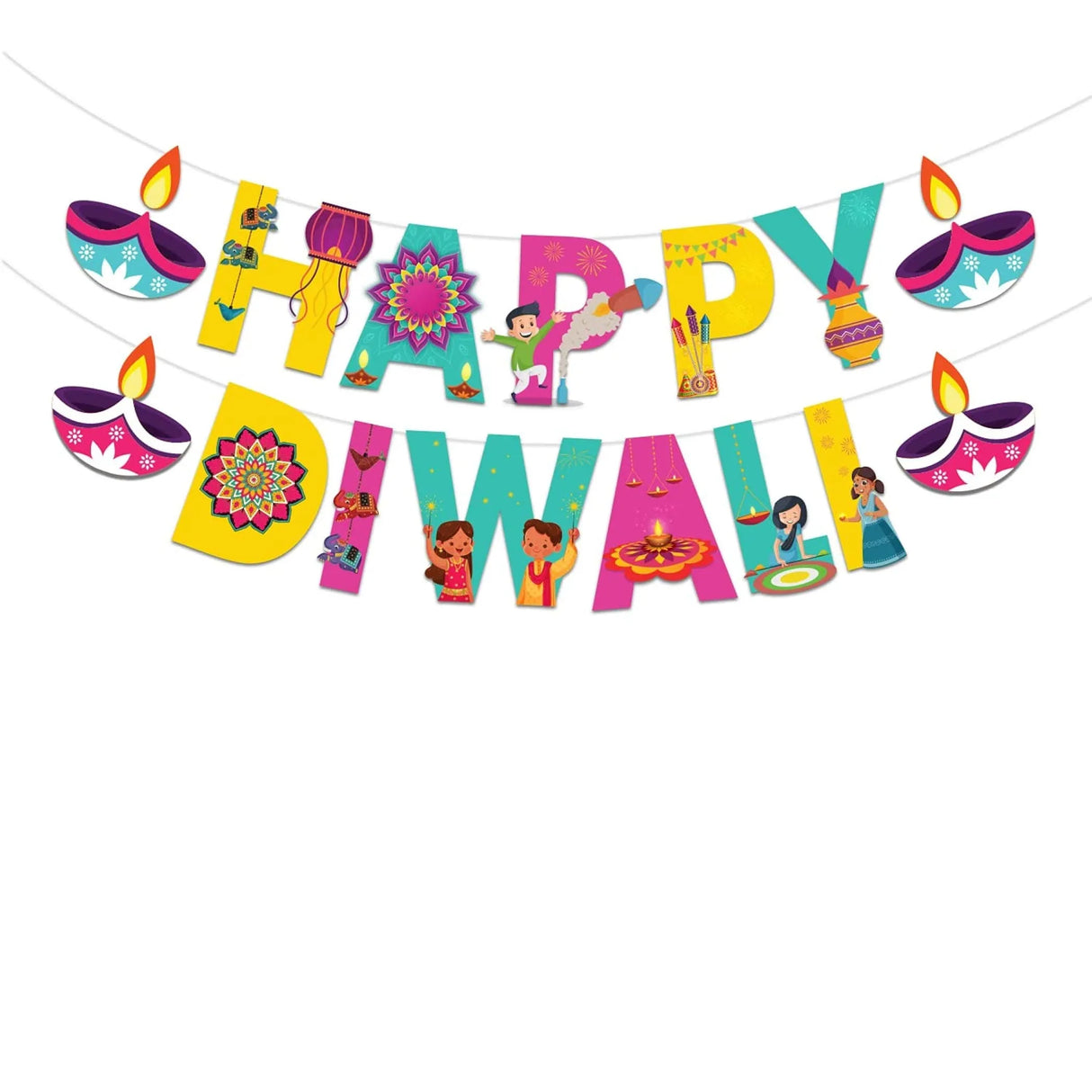 Happy Diwali Paper Banner Bunting Diy Hanging Decorations Festival of Light Deepawali Diya Wall Hanging Decor for Home - Party Supplies Indian Themed Party Backdrop Decoration - LoveNspire