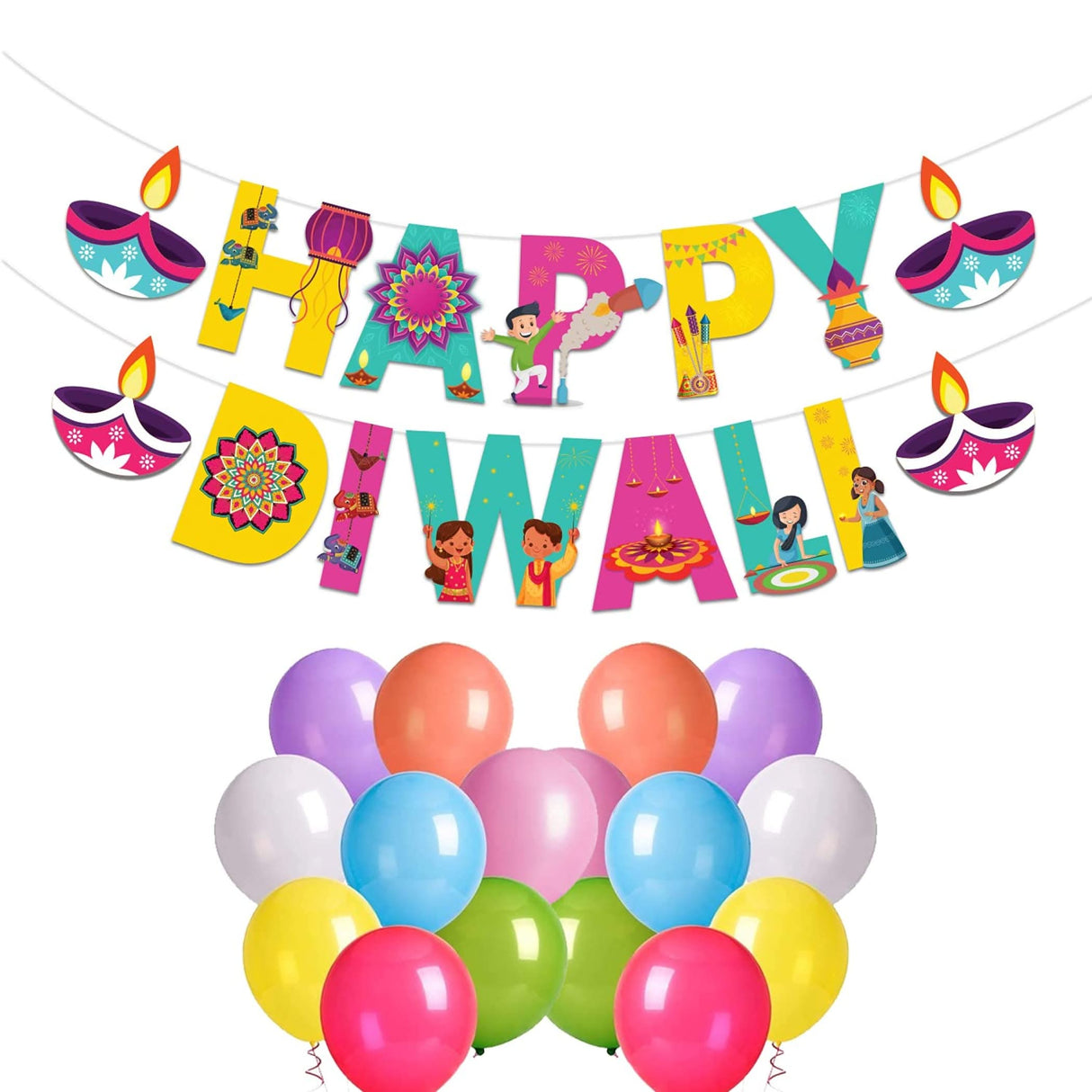 Happy Diwali Banner Bunting Diy Hanging Decorations Festival of Light Deepawali Diya Wall Hanging Decor for Home - Party Supplies Indian Themed Party Backdrop Decoration - LoveNspire