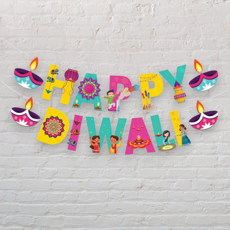 Happy Diwali Banner Bunting Diy Hanging Decorations Festival of Light Deepawali Diya Wall Hanging Decor for Home - Party Supplies Indian Themed Party Backdrop Decoration - LoveNspire