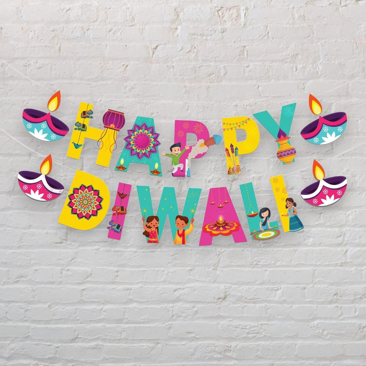 Happy Diwali Paper Banner Bunting Diy Hanging Decorations Festival of Light Deepawali Diya Wall Hanging Decor for Home - Party Supplies Indian Themed Party Backdrop Decoration - LoveNspire