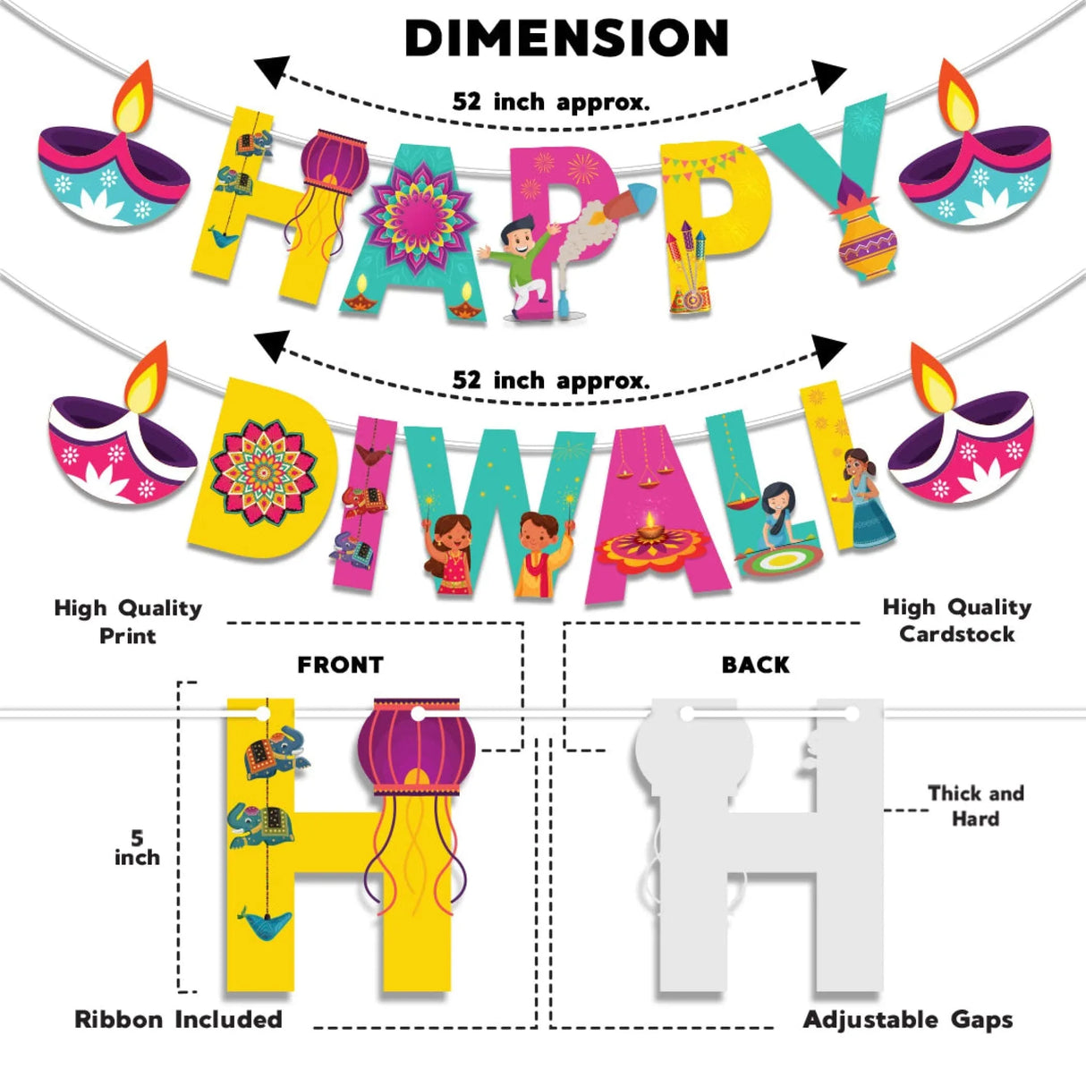 Happy Diwali Paper Banner Bunting Diy Hanging Decorations Festival of Light Deepawali Diya Wall Hanging Decor for Home - Party Supplies Indian Themed Party Backdrop Decoration - LoveNspire