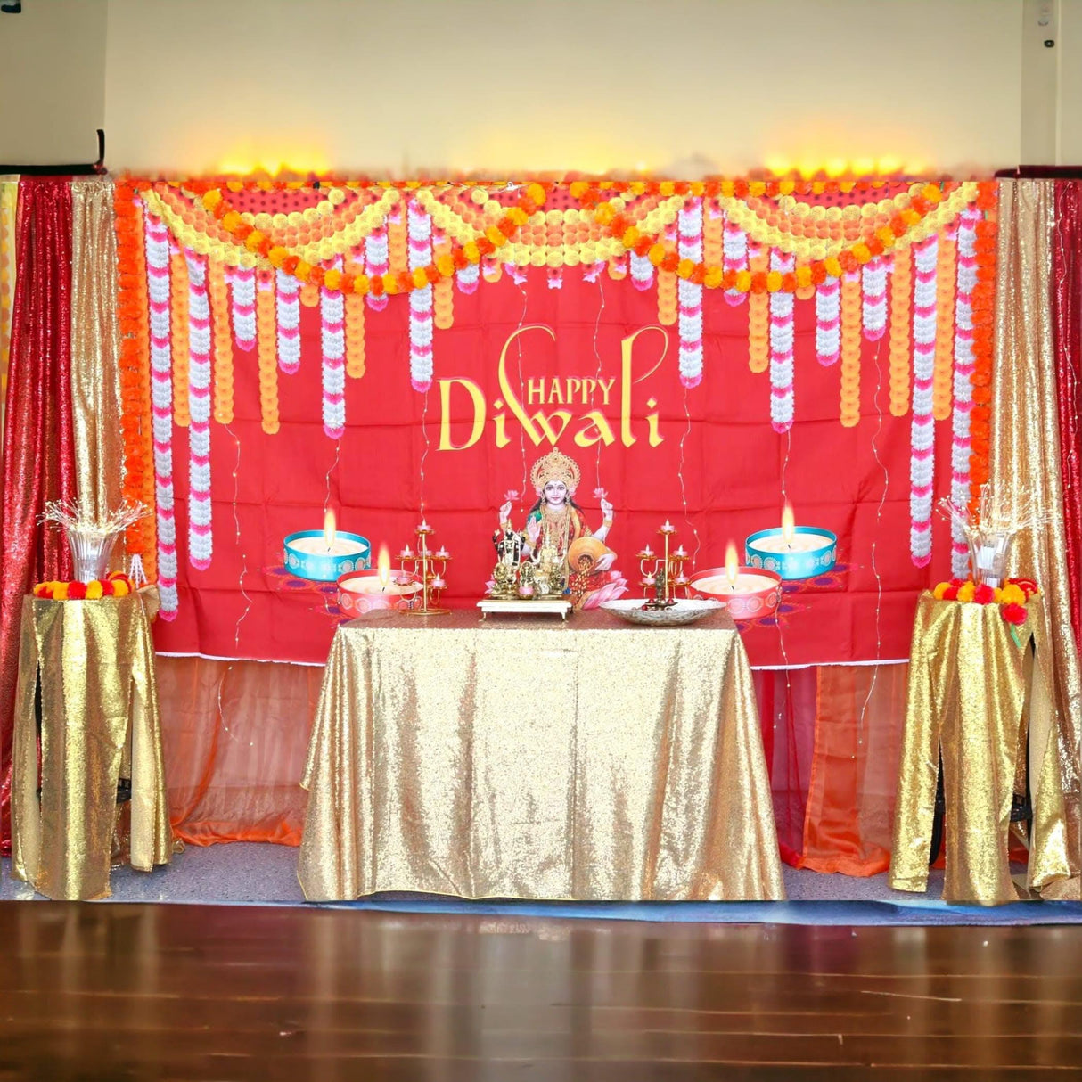 Happy Diwali Banner Indian Traditional Cloth 5x8 Feet Backdrop Indian Diwali Decor Pooja Wall Decor Indian Wall Art Photo Decor Banner Decorative Pooja Cloth Diwali Celebration - LoveNspire