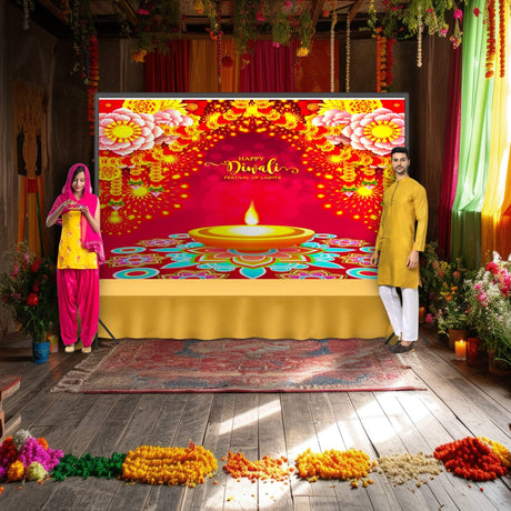 Happy Diwali Banner Indian Traditional Backdrop Cloth 5x8 Feet Indian Diwali Decor Pooja Wall Decor Indian Wall Art Photo Decor Banner Decorative Pooja Cloth Diwali Celebration - LoveNspire