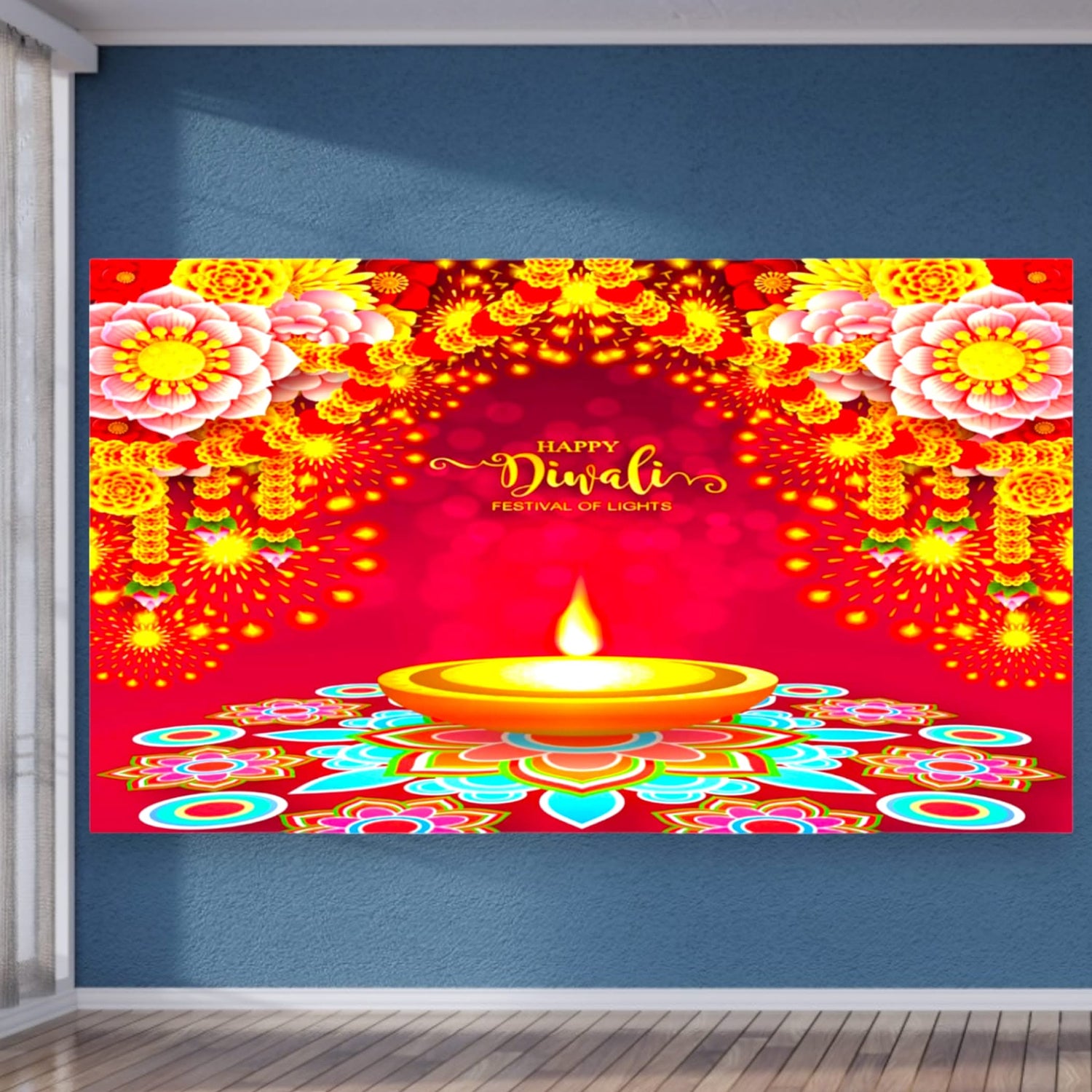 Happy Diwali Banner Indian Traditional Backdrop Cloth 5x8 Feet Indian Diwali Decor Pooja Wall Decor Indian Wall Art Photo Decor Banner Decorative Pooja Cloth Diwali Celebration - LoveNspire