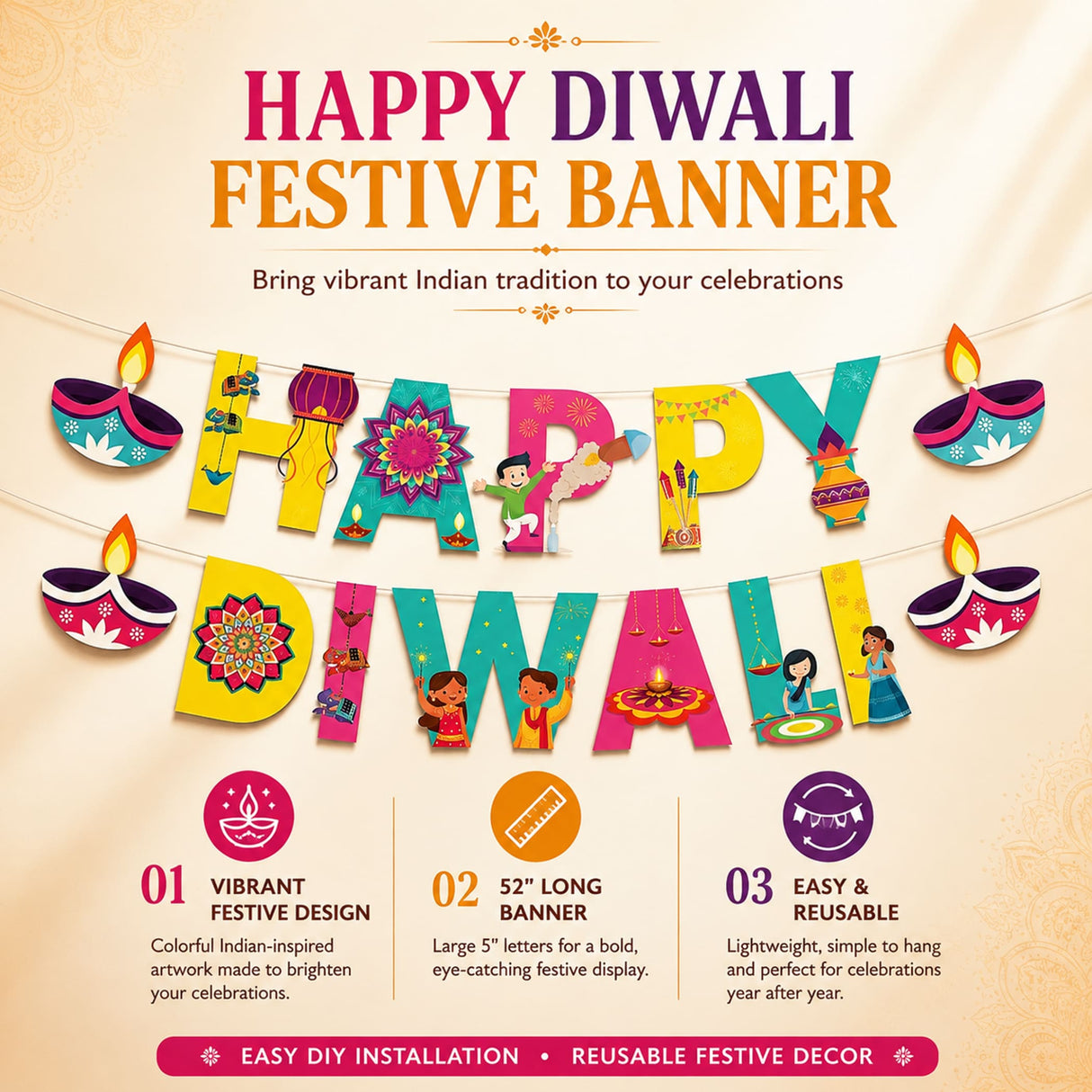 Vibrant colorful paper diwali banner bunting with festive lettering and decorative diyas for indian themed party decor