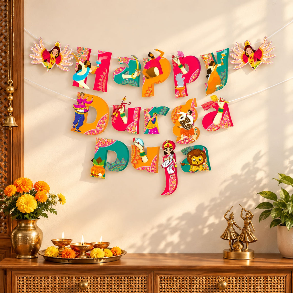 Vibrant colorful paper cutout happy durga puja banner with traditional indian designs for navratri festival decor