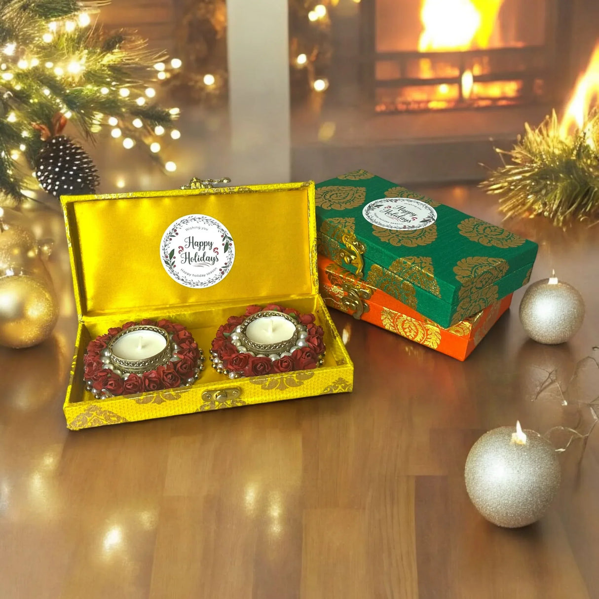 Happy Holiday Gift Boxes, Candle Holder Christmas Gift Box Hamper Basket, for Employees, Home Office Friends , Family & Relatives - LoveNspire