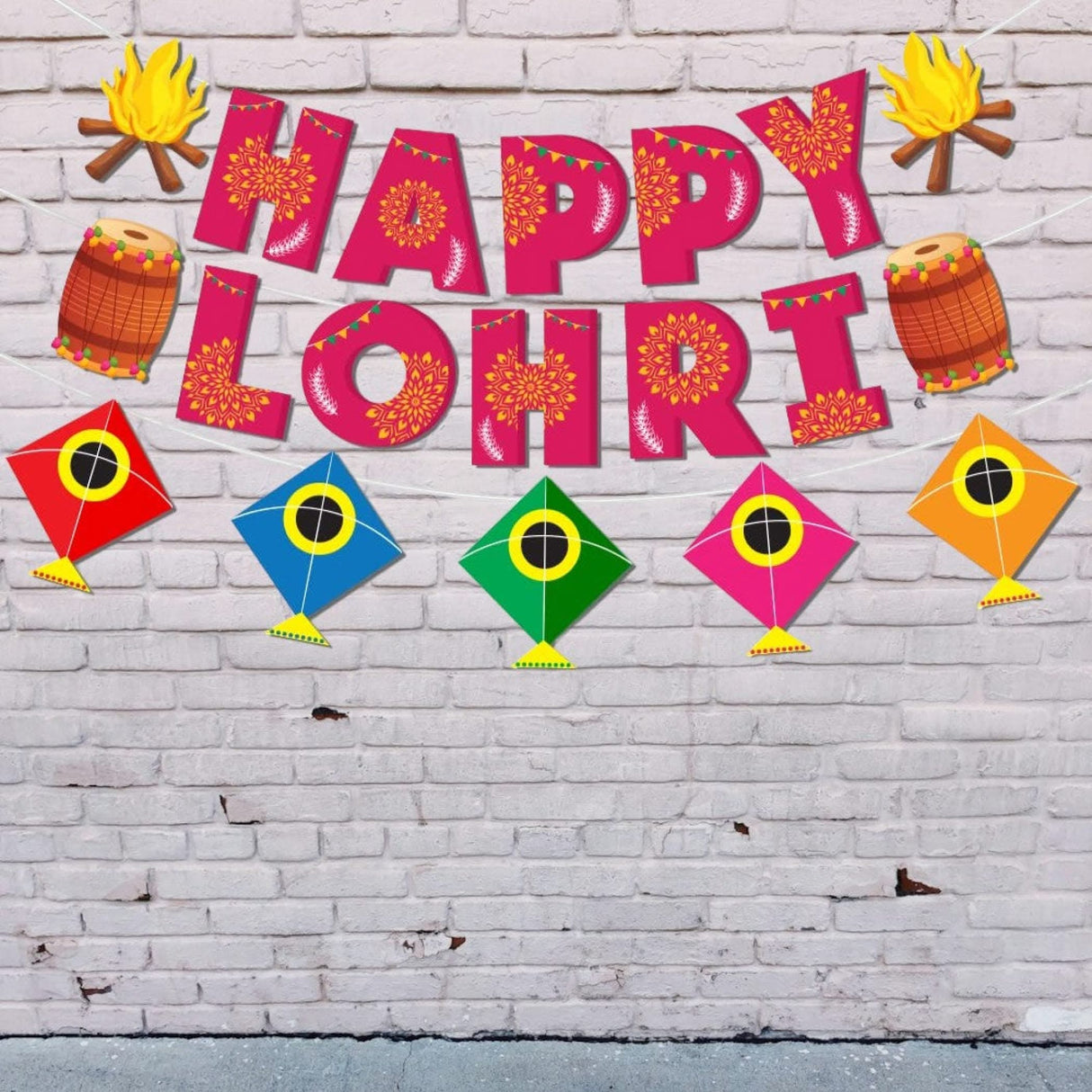 Happy Lohri Banner Lohri Theme Bunting for Decorations Indian Harvest Festival Party Banner Hindu Lohri Celebration Diy Sign with Kite Lohri Backdrop Decorations - Banners for Home Office - LoveNspire