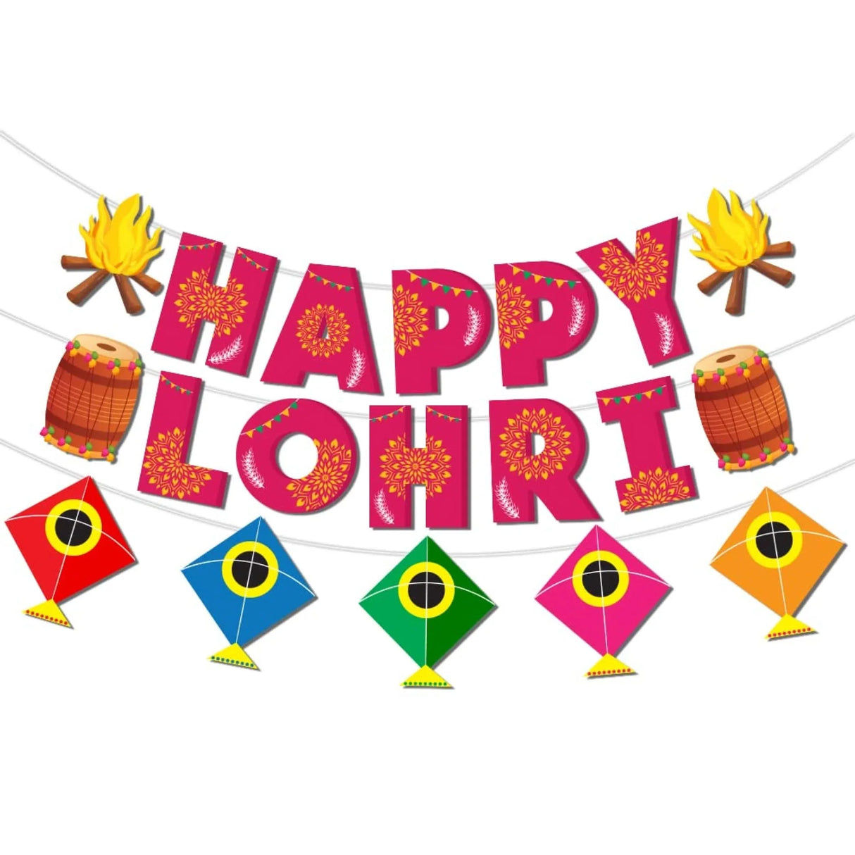 Happy Lohri Banner Lohri Theme Bunting for Decorations Indian Harvest Festival Party Banner Hindu Lohri Celebration Diy Sign with Kite Lohri Backdrop Decorations - Banners for Home Office - LoveNspire