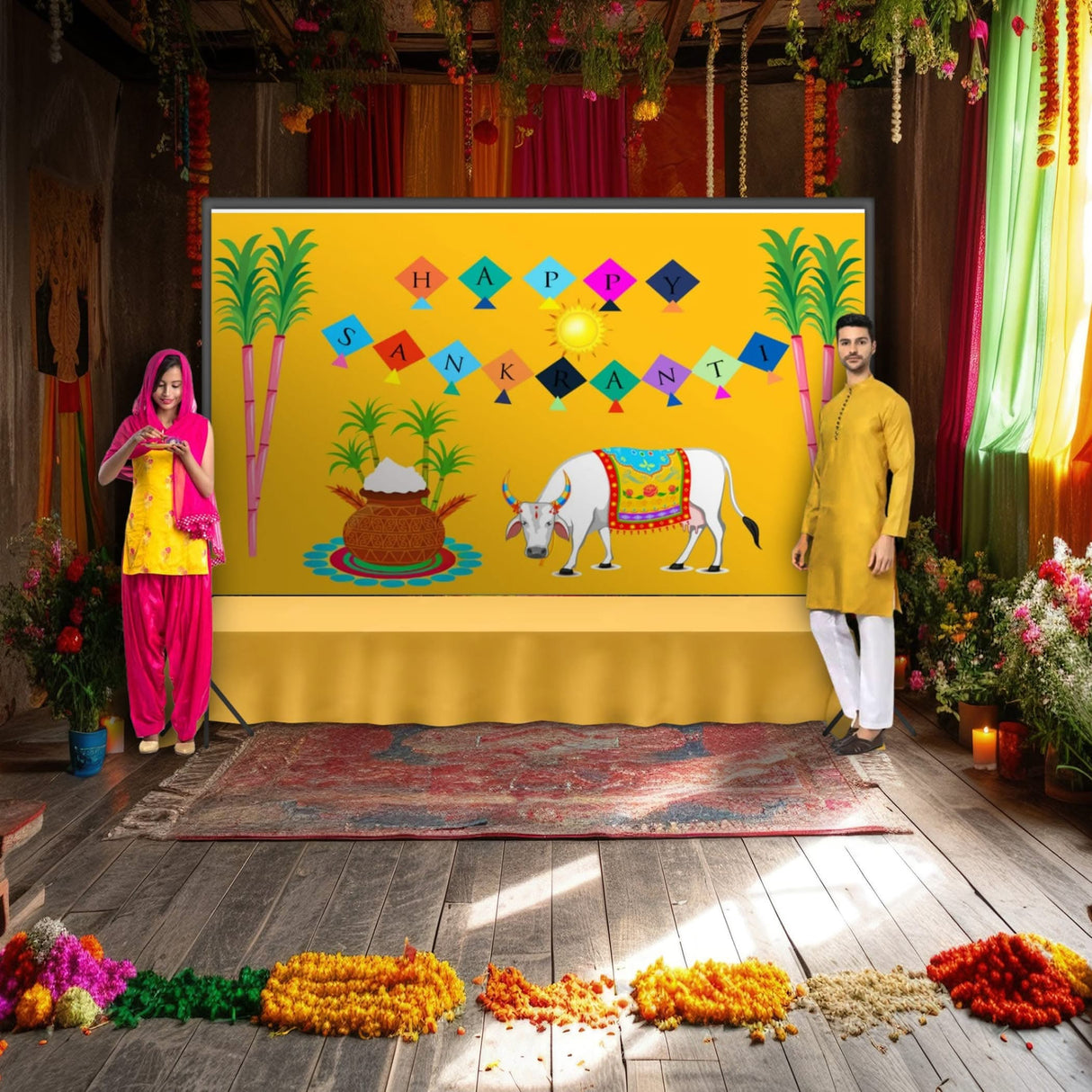 Happy Makar Sankranti Backdrop Banner - Sankranthi Decor Indian Harvest Festival Background Holiday Banner Wall Background Sankranti Party Celebration Decorations Photo Props - LoveNspire