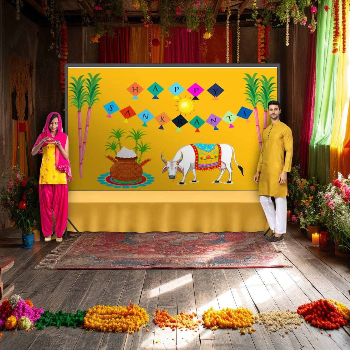 Happy Makar Sankranti Backdrop Banner - Sankranthi Decor Indian Harvest Festival Background Holiday Banner Wall Background Sankranti Party Celebration Decorations Photo Props - LoveNspire