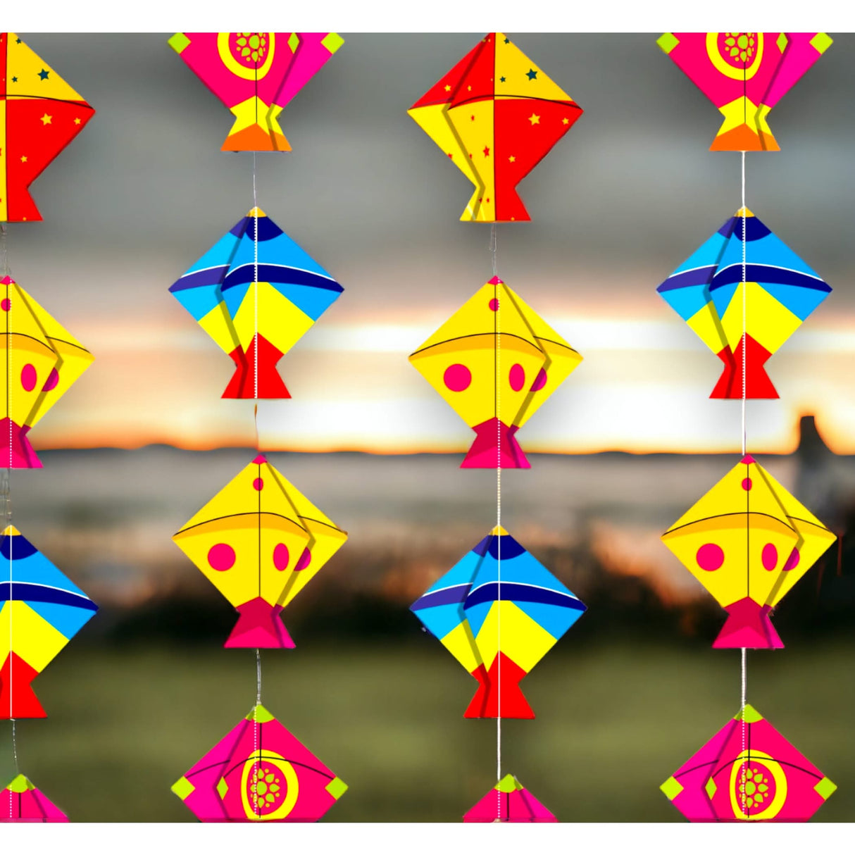 4CT Happy Makar Sankranti Mini Kites Frill - Decorative Small Size Kites Cutouts Flying Kites Wall Hanging Strings Sankranthi Pongal Lohri Patang Decorations Paper Kites Strings - LoveNspire