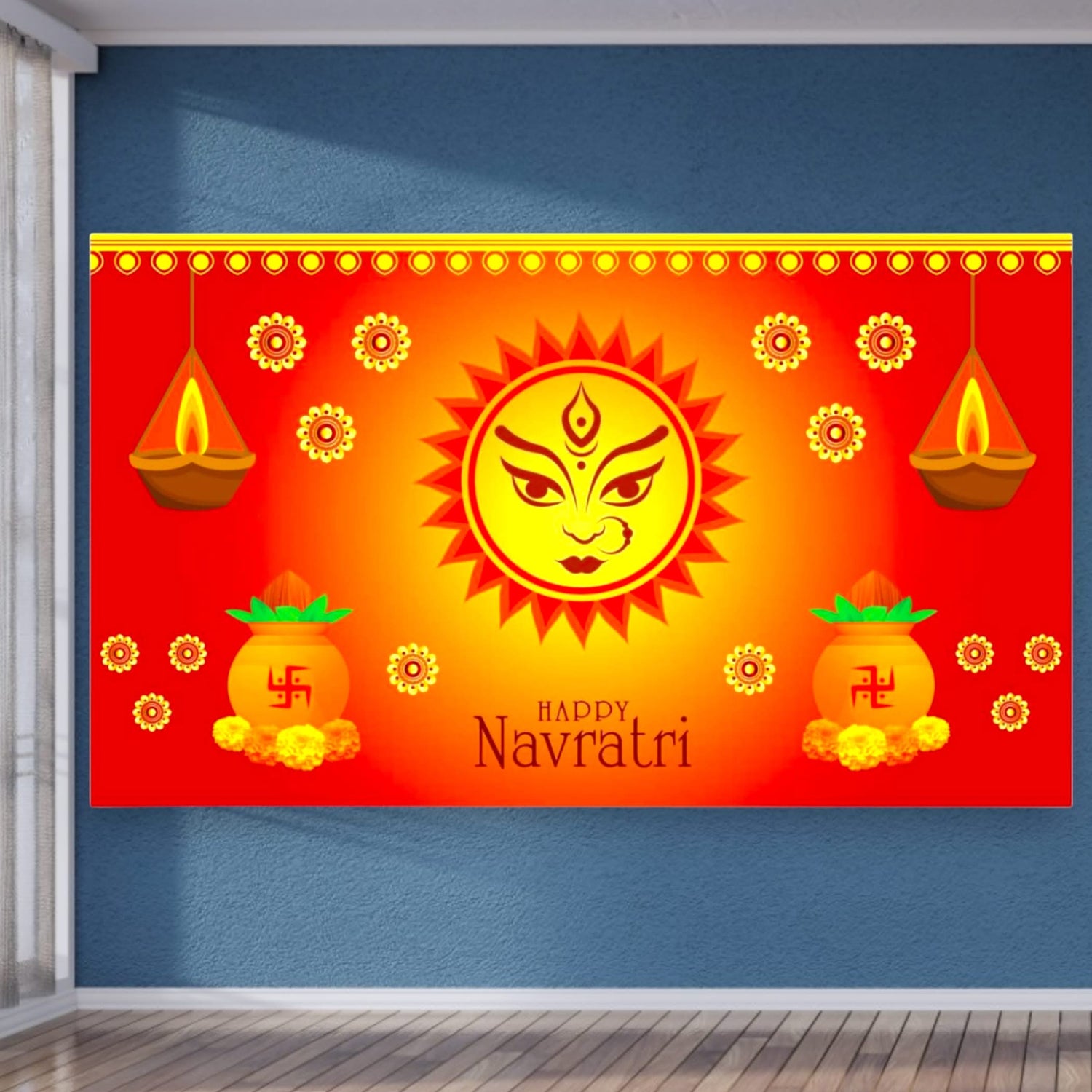 Happy Navratri Banner Indian Traditional Cloth 5x8 Feet Backdrop Indian Navratri Decor Pooja Wall Decor Indian Wall Art Photo Decor Banner Decorative Pooja Cloth Navratri Celebration - LoveNspire