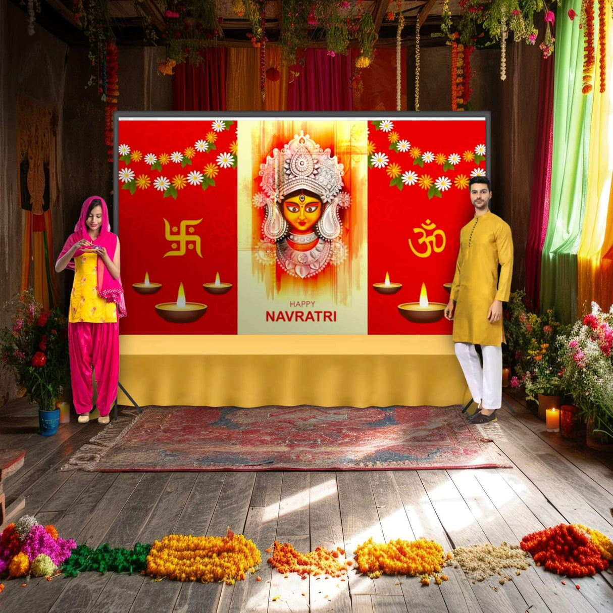 Happy Navratri Banner Indian Traditional Backdrop Cloth 5x8 Feet Indian Navratri Decor Pooja Wall Decor Indian Wall Art Photo Decor Banner Decorative Pooja Cloth Navratri Celebration - LoveNspire