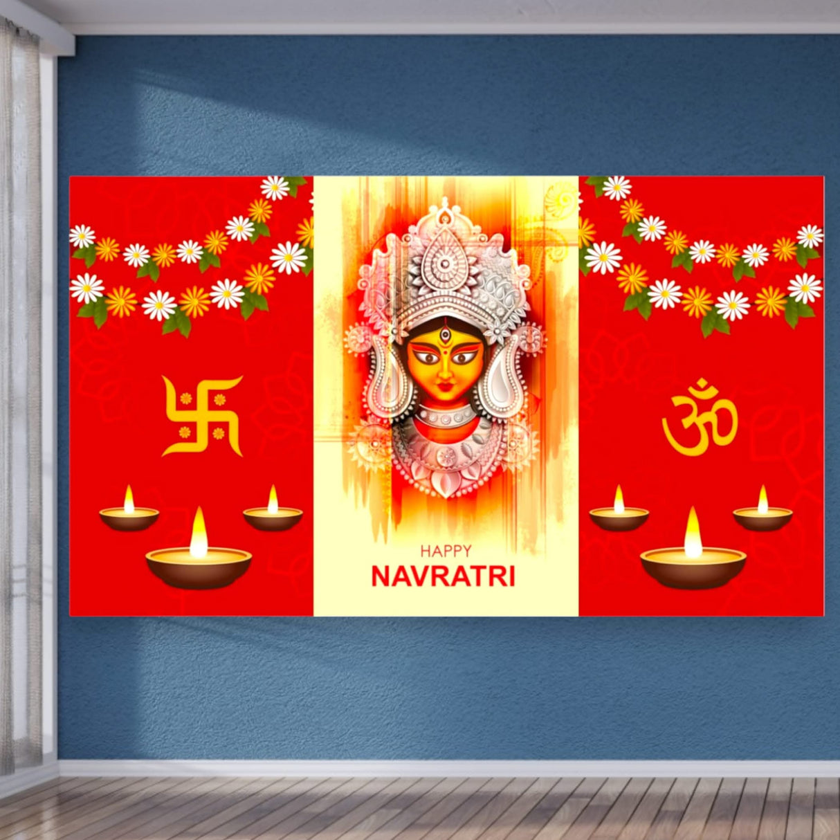 Happy Navratri Banner Indian Traditional Backdrop Cloth 5x8 Feet Indian Navratri Decor Pooja Wall Decor Indian Wall Art Photo Decor Banner Decorative Pooja Cloth Navratri Celebration - LoveNspire