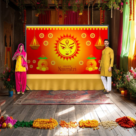 Happy Navratri Banner Indian Traditional Cloth 5x8 Feet Backdrop Indian Navratri Decor Pooja Wall Decor Indian Wall Art Photo Decor Banner Decorative Pooja Cloth Navratri Celebration - LoveNspire