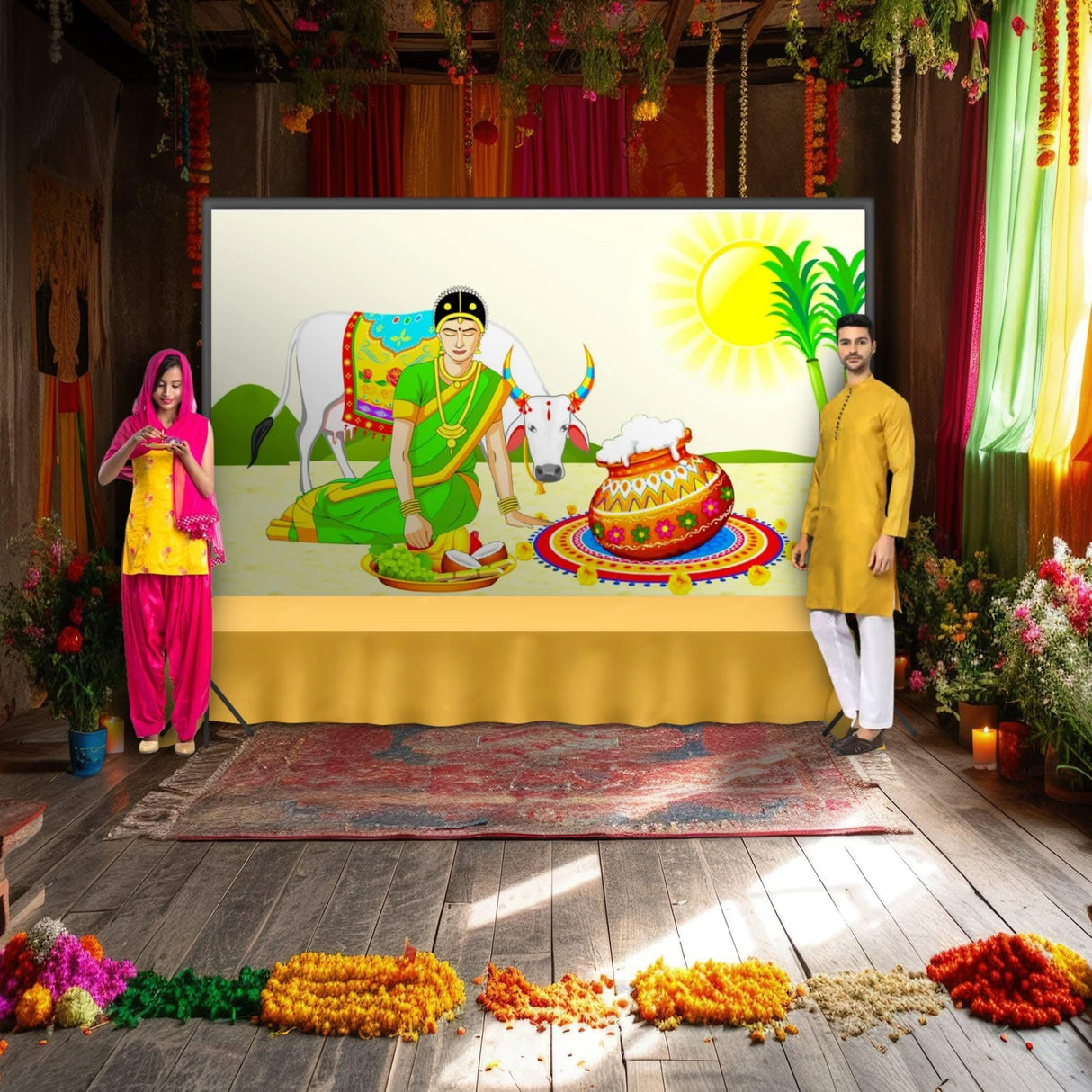 Happy Pongal Backdrop Banner 5x8 Feet Pongal Decor Indian Harvest Festival Background Holiday Banner Wall Backdrop for Photography Pongal Ugadi Party Celebration - Decorative Photo Props - LoveNspire